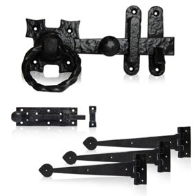 XFORT Smithy's Range Rope Ring Gate Latch Pack, Black Antique Finish Ring Gate Latch Complete with Hinges And Door Bolt