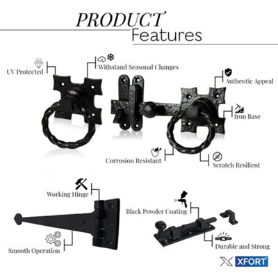 XFORT Smithy's Range Rope Ring Gate Latch Pack, Black Antique Finish Ring Gate Latch Complete with Hinges And Door Bolt