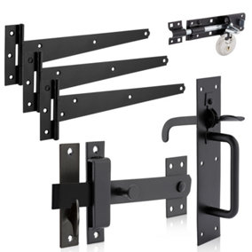 XFORT Suffolk Gate Latch Pack Black Complete with T Hinges, Brenton Bolt and Discus Padlock