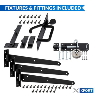 XFORT Suffolk Gate Latch Pack Black Complete with T Hinges, Brenton Bolt and Discus Padlock