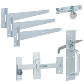 XFORT Suffolk Gate Latch Pack Bright Zinc Plated Complete with T Hinges, Brenton Bolt and Discus Padlock