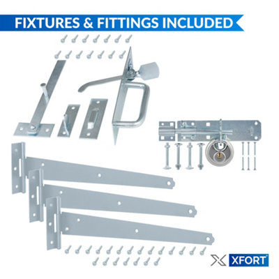 XFORT Suffolk Gate Latch Pack Bright Zinc Plated Complete with T Hinges, Brenton Bolt and Discus Padlock