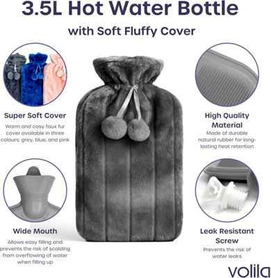 2L Large Grey Fluffy Hot Water Bottle With Zipper Cover - Furry Faux Fur, Pain Relief, Easy On/Off - Ideal Gift For Men & Women | Buy Now With Express International Delivery