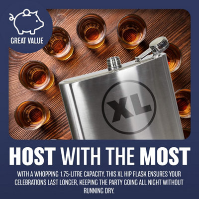 Xl Hip Flask Stainless Steel Whisky 1.7l Whisky Liquor Spirits Vodka Giant Jumbo Gift Set - 4