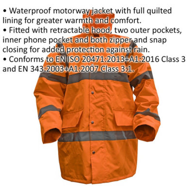 XL Orange Hi-Vis Motorway Jacket with Quilted Lining - Retractable Hood