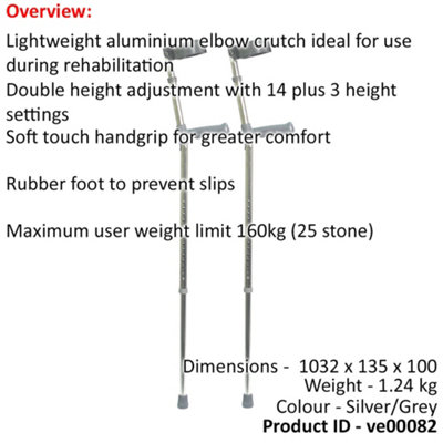 XL PVC Wedge Handle Lightweight Aluminium Elbow Crutch - 14+3 Height Settings
