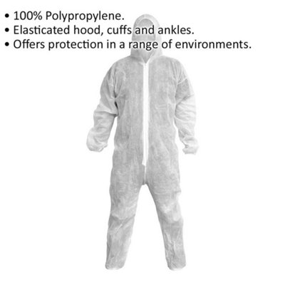 XL WHITE DISPOSABLE COVERALL WITH ELASTIC CUFFS AND HOOD FOR ALL