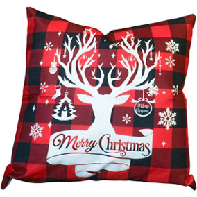 Xmas Haus Christmas Themed Cushion Plaid Stag Red/Black Linen