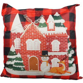 Xmas Haus Christmas Themed Cushion Snowy House with Snowman and Deer Red/Black Linen