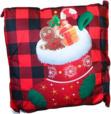 Xmas Haus Christmas Themed Cushion Stocking Red/Black Linen