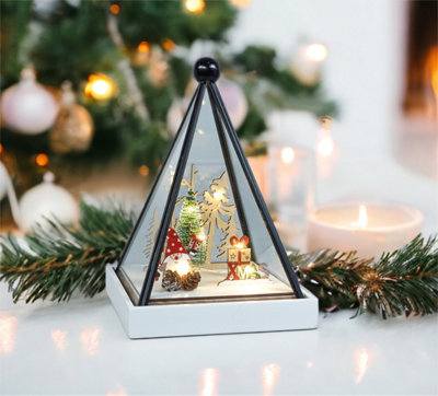 Xmas Haus Triangle Hurricane Glass Holder with Light Up Festive Gonk Scene Battery Operated