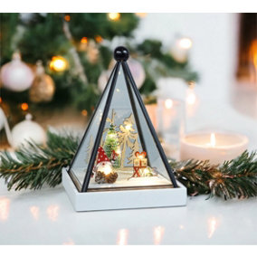 Xmas Haus Triangle Hurricane Glass Holder with Light Up Festive Gonk Scene Battery Operated