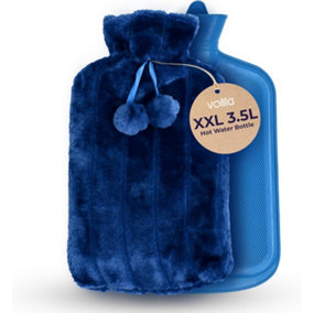 XXL Hot Water Bottle with Faux Fur Cover Use Hot or Cold Water for Pain Relief Blue