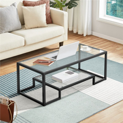 Yaheetech 2-layer Tempered Glass Coffee Table for Living Room Black