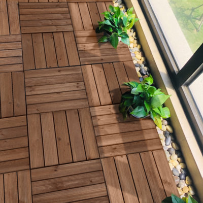 Yaheetech 27 pcs Fir Wood Flooring Tiles 30cm x 30cm Deck Tiles Brown