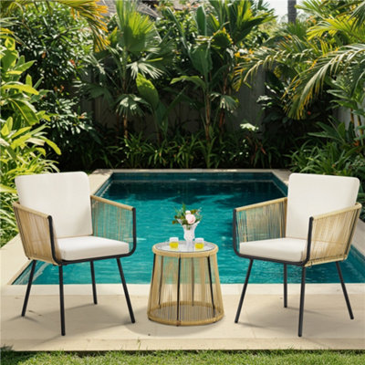 Yaheetech 3 Piece Tan/Cream Wicker Outdoor Patio Bistro Set with Cushions & Pillows