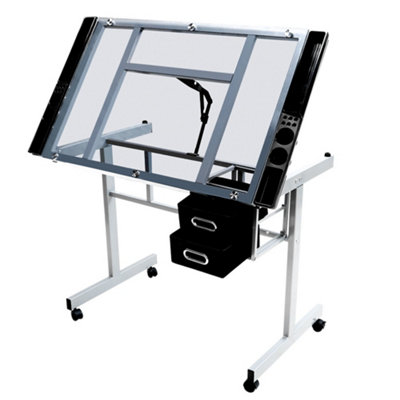 Yaheetech Adjustable Drafting Table Glass Tabletop with Drawers