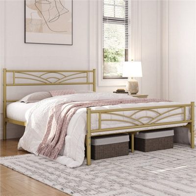Yaheetech Antique Gold 4ft6 Double Metal Bed Frame with Cloud-inspired Design Headboard and Footboard