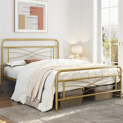 Yaheetech Antique Gold Double Metal Bed Frame with Criss Cross Design Headboard and Footboard
