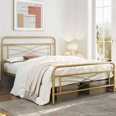 Yaheetech Antique Gold Double Metal Bed Frame with Criss-Cross Design ...