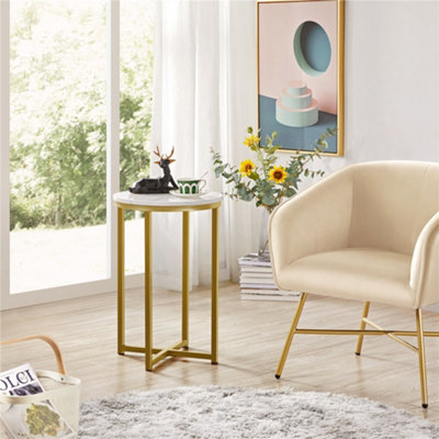 Yaheetech Antique Gold Faux Marble Top Wooden Side Table with X-Shaped Base and Metal Legs