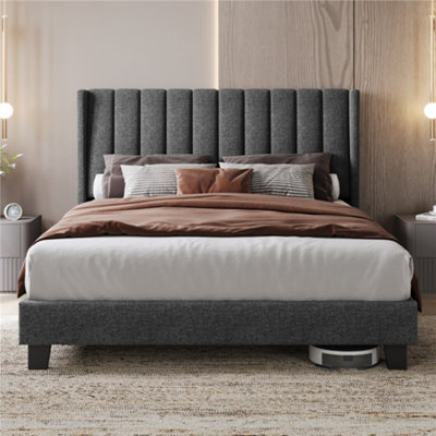 Yaheetech Bed Frame with Channel Tufted Headboard Dark Grey King