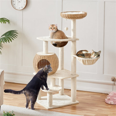 Yaheetech Beige 137.5cm Rattan Cat Tree Plush Cat Tower Medium | DIY at B&Q