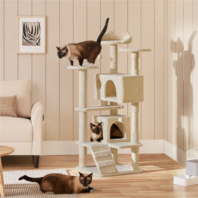 Yaheetech Beige 137cm Multilevel Cat Tree Tower with Scratching Posts and 2 Condos