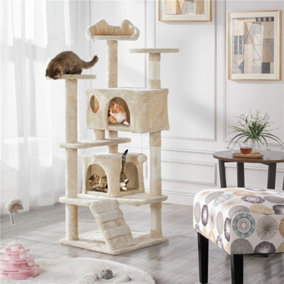Yaheetech Beige 137cm Multilevel Cat Tree Tower with Scratching Posts and 2 Condos