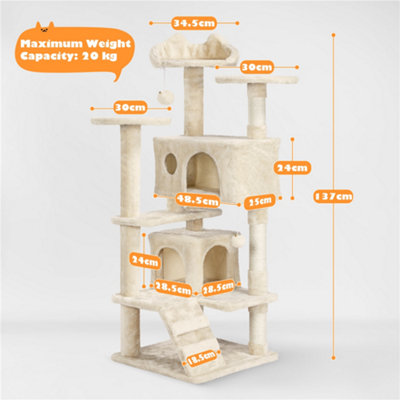Yaheetech Beige 137cm Multilevel Cat Tree Tower with Scratching Posts and 2 Condos