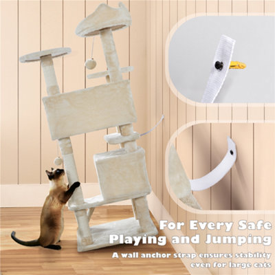 Yaheetech Beige 137cm Multilevel Cat Tree Tower with Scratching Posts and 2 Condos
