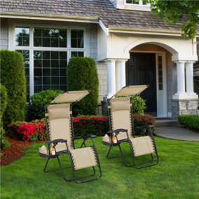 Yaheetech Beige 2pcs Outdoor Zero Gravity Chair with Sunshade/Cupholder
