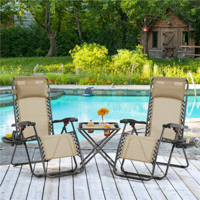 Yaheetech Beige 3pcs Outdoor Zero Gravity Chairs with Table
