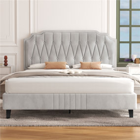 Yaheetech Beige 4ft6 Double Upholstered Bed Frame with Button-Tufted Adjustable Headboard and Wooden Slat Support