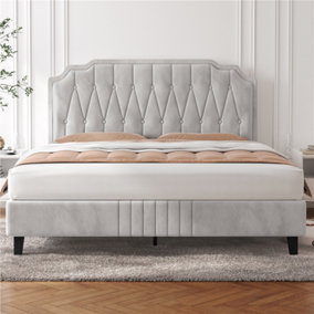 Yaheetech Beige 5ft King Upholstered Bed Frame with Button-Tufted Adjustable Headboard and Wooden Slat Support