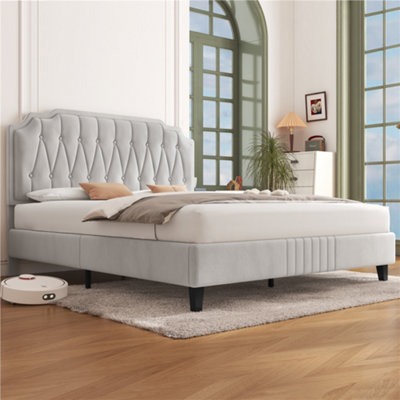 Yaheetech Beige 5ft King Upholstered Bed Frame with Button Tufted Adjustable Headboard and Wooden Slat Support