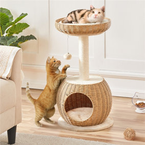 Yaheetech Beige 75cm Rattan Cat Tower with Soft Cushion