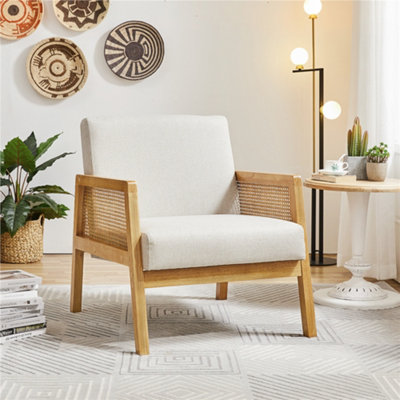 Yaheetech Beige Fabric Upholstered Accent Chair with Rattan Sides and ...