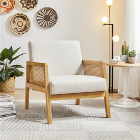 Yaheetech Beige Fabric Upholstered Accent Chair with Rattan Sides and Rubberwood Legs