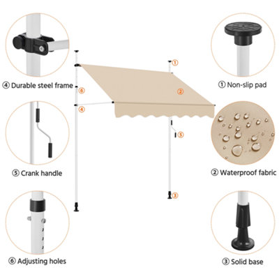 Yaheetech Beige Manual Retractable Awning with Adjustable Angle and Height 200x120 cm - 4