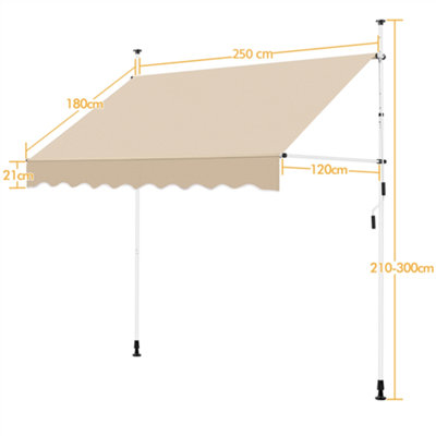 Yaheetech Beige Manual Retractable Awning with Adjustable Angle and Height 250x120 cm - 3