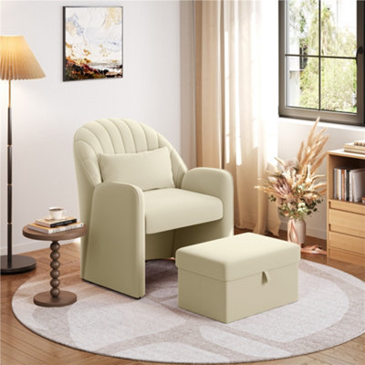 Yaheetech Beige Velvet Upholstered Barrel Chair with Footrest and Lumbar Pillow