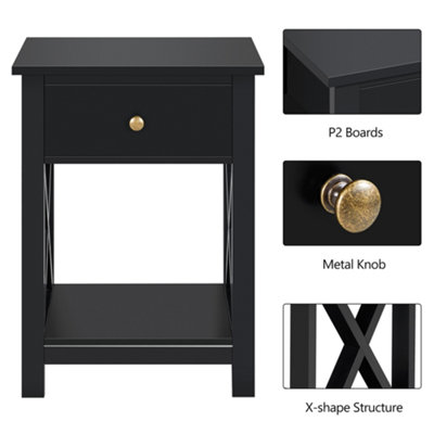 Yaheetech Black 1 Drawer Bedside Table X shape (H)550mm (W)400mm (D)300mm