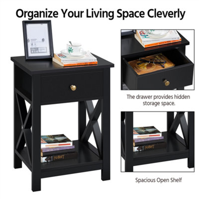Yaheetech Black 1 Drawer Bedside Table X shape (H)550mm (W)400mm (D)300mm