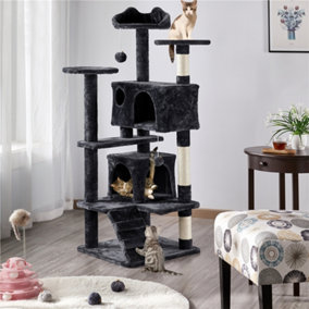 Yaheetech Black 137cm Multilevel Cat Tree Tower with Scratching Posts and 2 Condos
