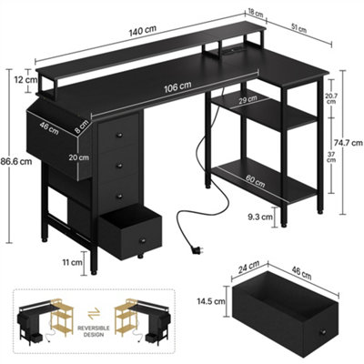 Yaheetech Black 140 cm L Shaped Wooden Computer Desk with Charging ...