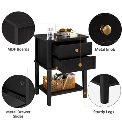 Yaheetech Black 2 Drawers Bedside Table with Open Shelf