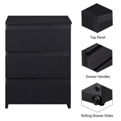 Yaheetech Black 3-Drawer Bedside Table Vertical End Table Large Capacity Nightstand