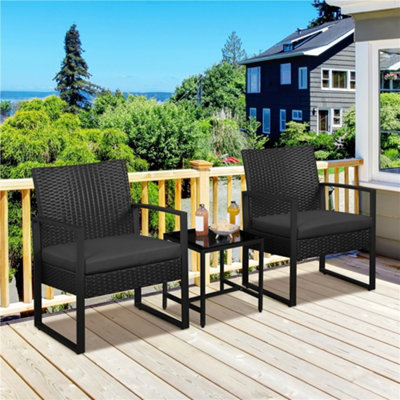 Costway 3-Piece PE Rattan Wicker Porch Furniture Set, Outdoor Balcony Chairs And Coffee Table With Yellowish Cushion