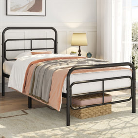 Yaheetech Black 3ft Single Metal Bed Frame with Geometric Patterned Headboard and Footboard